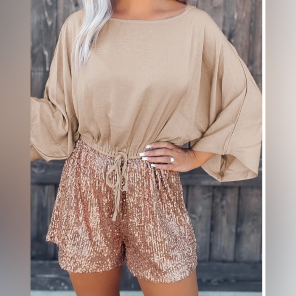 Khaki Sequin Patchwork Drawstring High Waist Romper